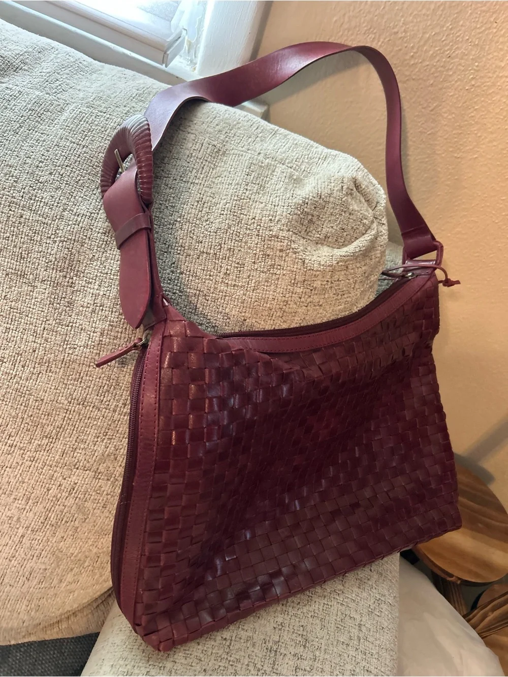 Sharif Studio Woven Leather Hobo Shoulder Bag Burgundy Boho Made in Brazil